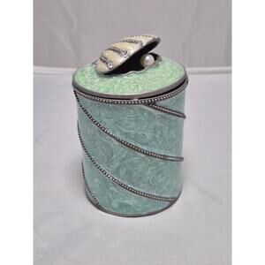 💥 VTG Green Enamel, Metal Rhinestone Clam Shell Pearl Candle Holder Trinket A1